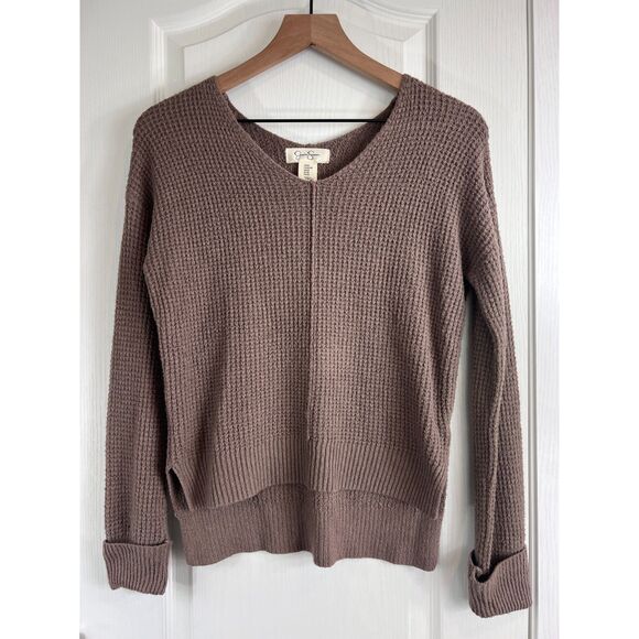 Jessica Simpson Women's Waffle Knit V-Neck Sweater High Low Hem Brown Size XS - Picture 1 of 8